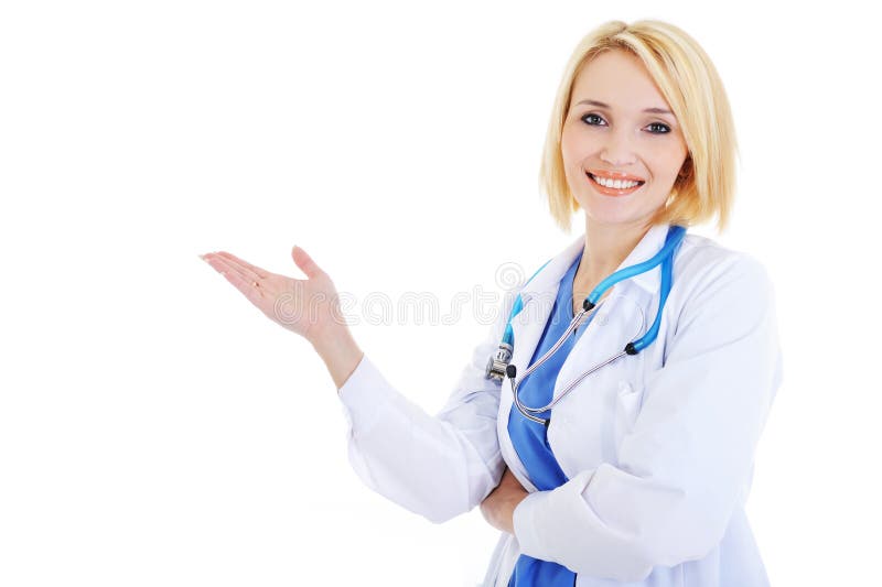Female doctor presents something