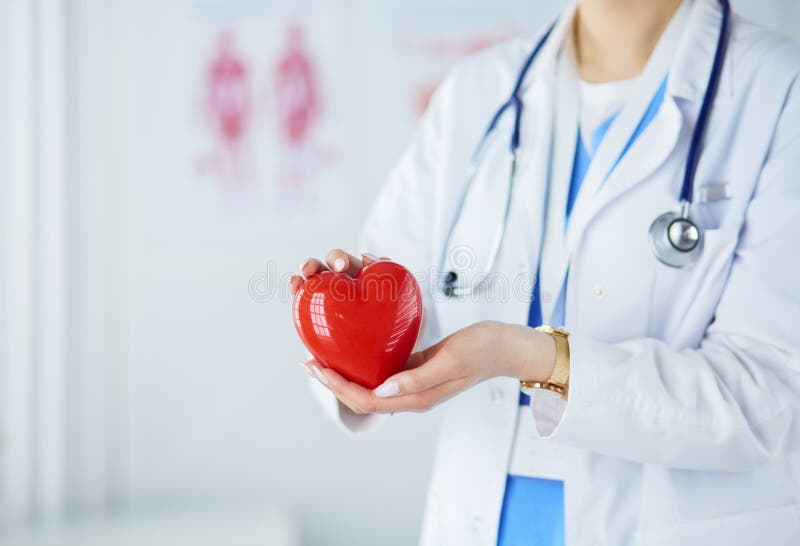 Female Doctor with Stethoscope Holding Heart, on Light Background Stock ...