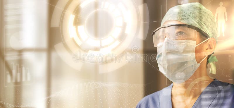 Female doctor wearing cap, glasses and protective mask looking at a transparent digital screen, concept of the future of medicine