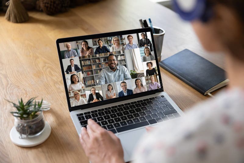 Female employee have webcam team meeting on laptop