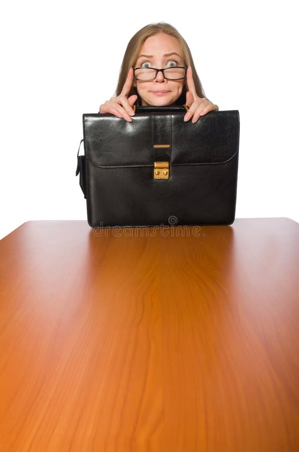 Female employee sitting at long table isolated on white stock photography Female employee sitting at long table isolated on white stock photography