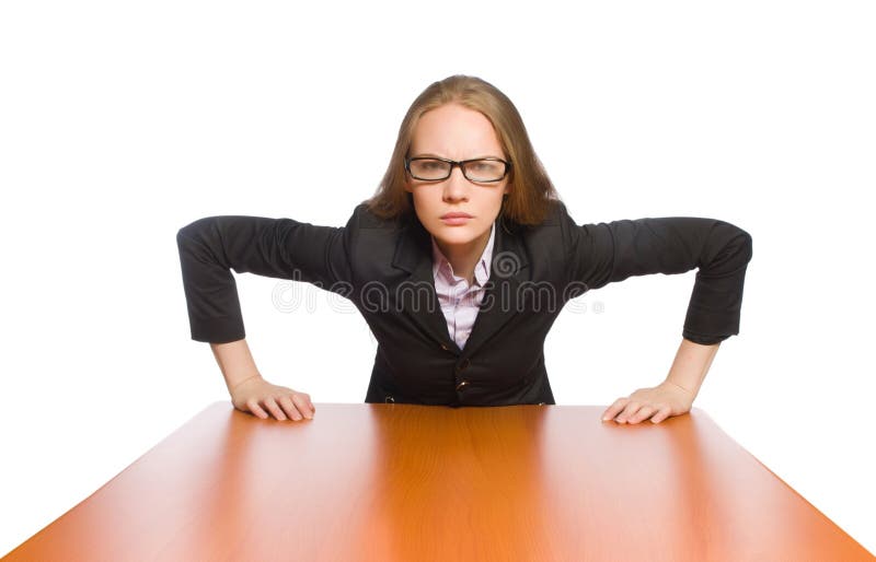 Female employee sitting at long table isolated on white stock photography