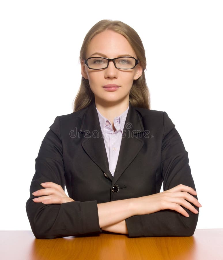 Female employee sitting at long table isolated on white royalty free stock photography
