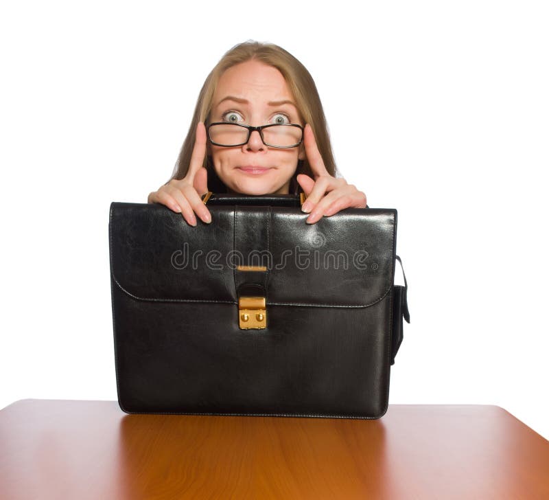 Female employee sitting at long table isolated on white stock images