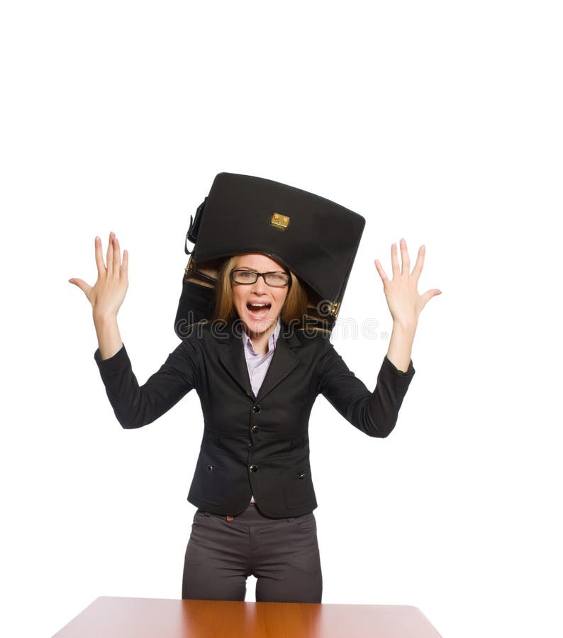 Female employee sitting at long table isolated on white stock image