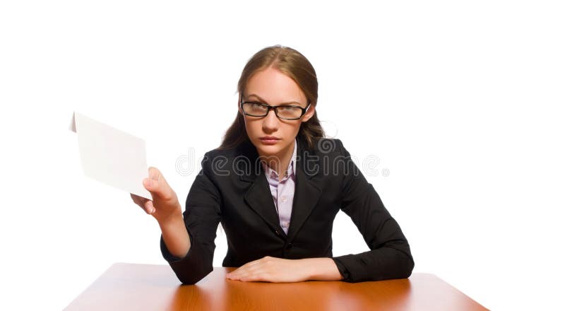 Female employee sitting at long table isolated on white royalty free stock photography