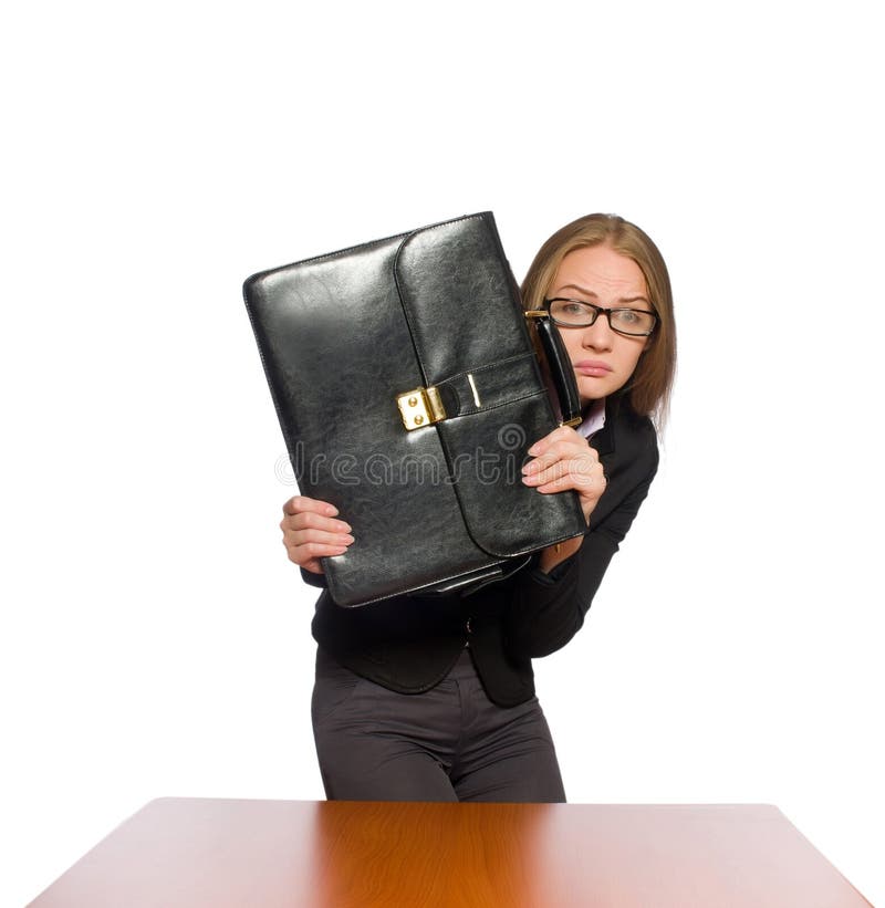 Female employee sitting at long table on white stock image.