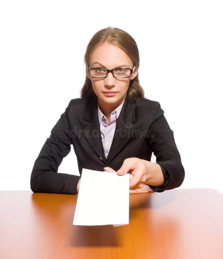 Female employee sitting at long table isolated on white royalty free stock image