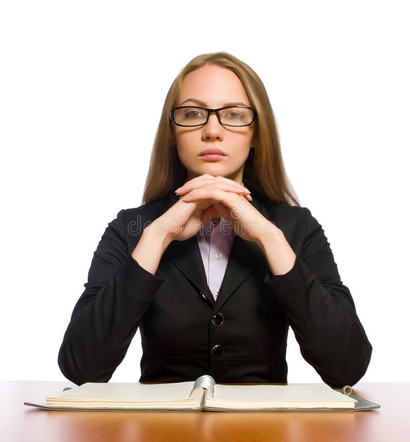 Female employee sitting at long table isolated on white stock image