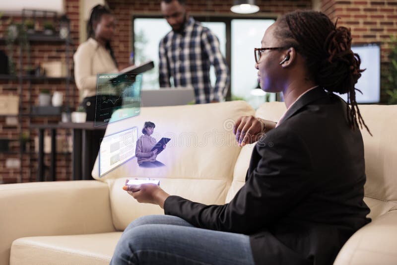 Female employee talking to ai hologram royalty free stock photos