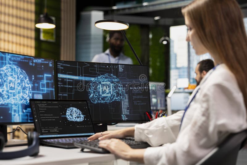 Female engineer developing applications using AI LLM chatbot on multiple devices. Worker doing internship in tech startup relying on artificial intelligence assistant to debug applications. Code assistant stock images, royalty-free photos and pictures