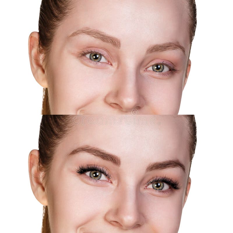 Female eyes before and after eyelash extension.