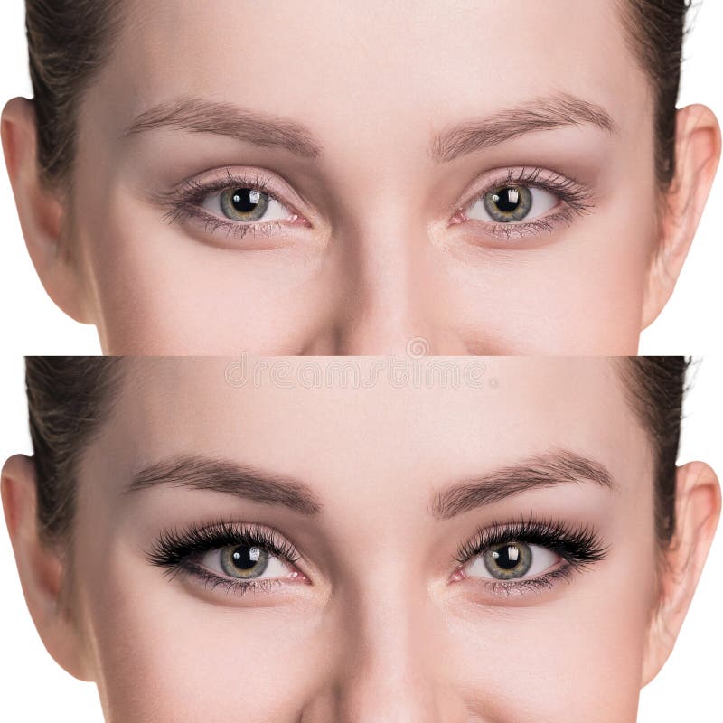 Female eyes before and after eyelash extension.