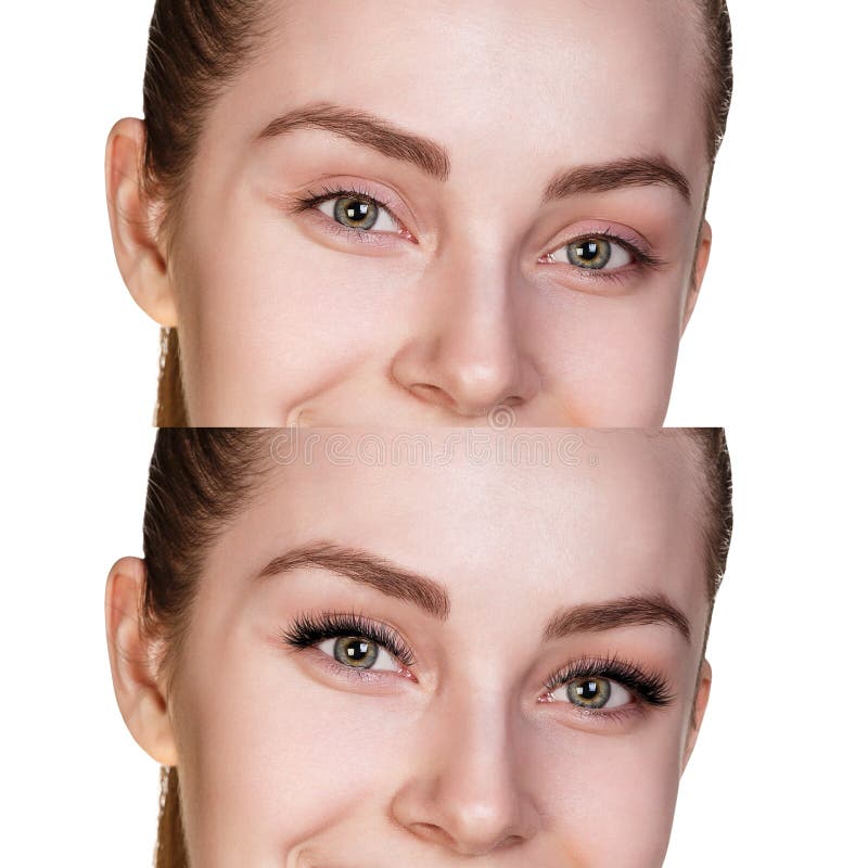 Female eyes before and after eyelash extension