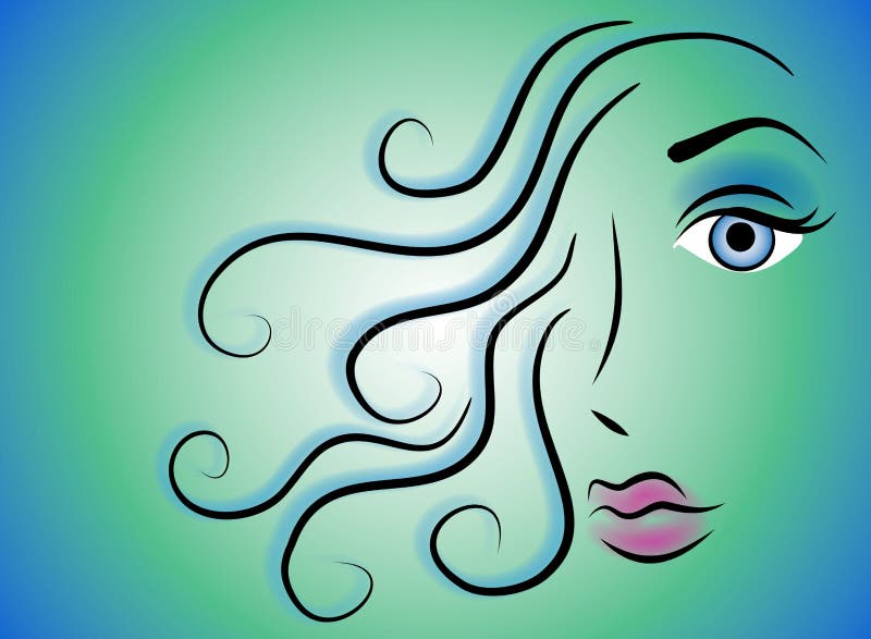 Female Face Beauty Clip Art 2. An abstract clip art illustration of the face of a woman with long flowing hair against a colorful background stock illustration