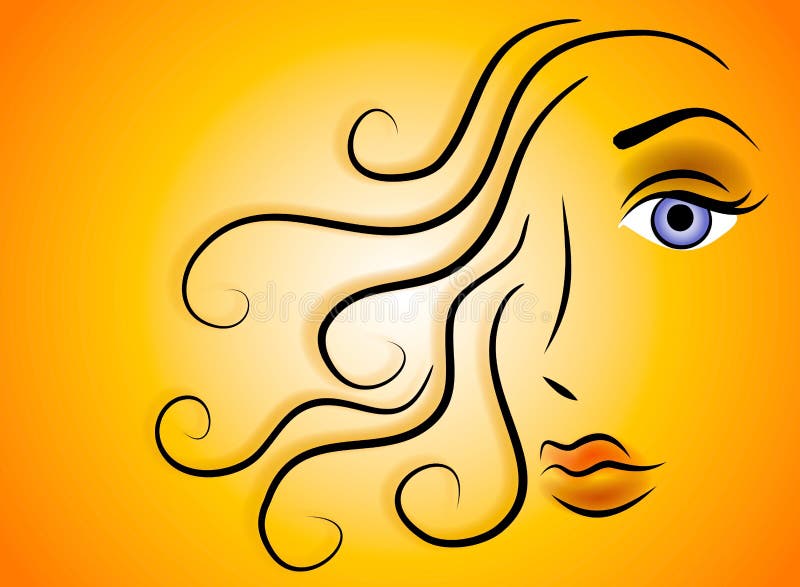 Female Face Beauty Clip Art. An abstract clip art illustration of the face of a woman with long flowing hair against a colorful background stock illustration