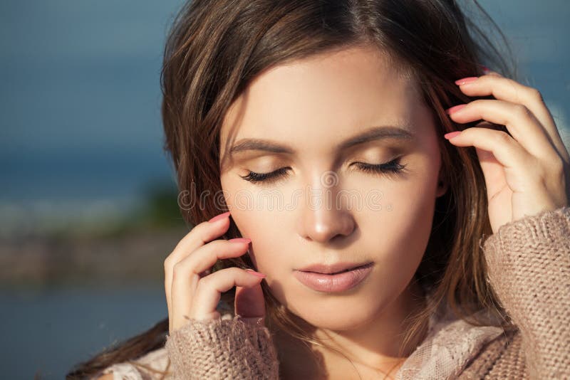 Female Face Closeup. Beautiful Model Face Outdoor Stock Image - Image ...