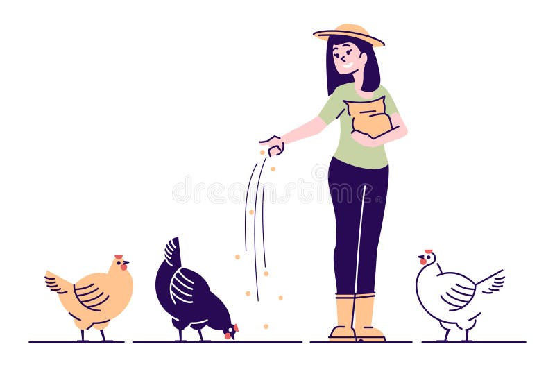 Female farmer feeding chickens flat vector character. Poultry backyard farm cartoon concept with outline. Rural woman