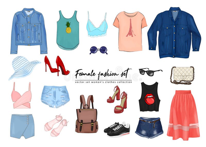 Female fashion set. Hand drawnи vector set women`s clothes collection. Spring, summer outfit vector illustration Female fashion set. Hand drawnи vector set women`s clothes collection. Spring, summer outfit vector illustration