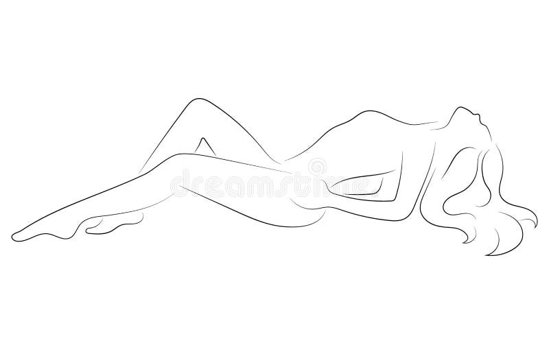 Female figure. Outline of young girl. Stylized slender body. Linear Art. Black and white vector illustration. Contour of