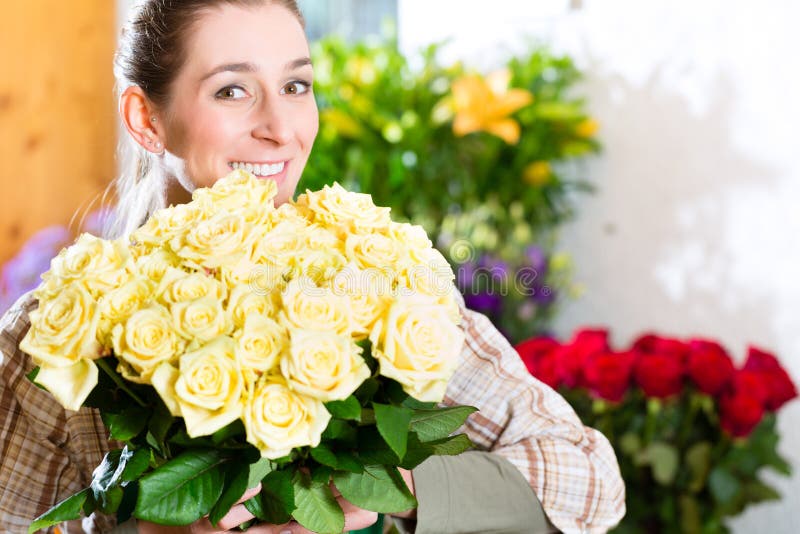 Woman Florist Selling Sunflowers Bouquet Flower Shop Stock Photo