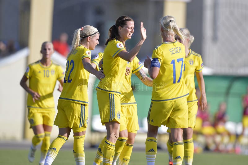 Female football players celebrating a goal