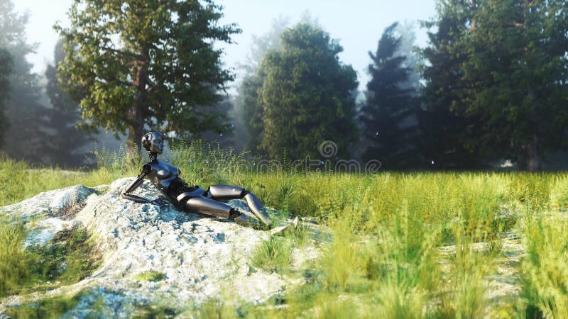 Female futuristic robot idle in forest. Concept of future. 3d rendering. stock illustration