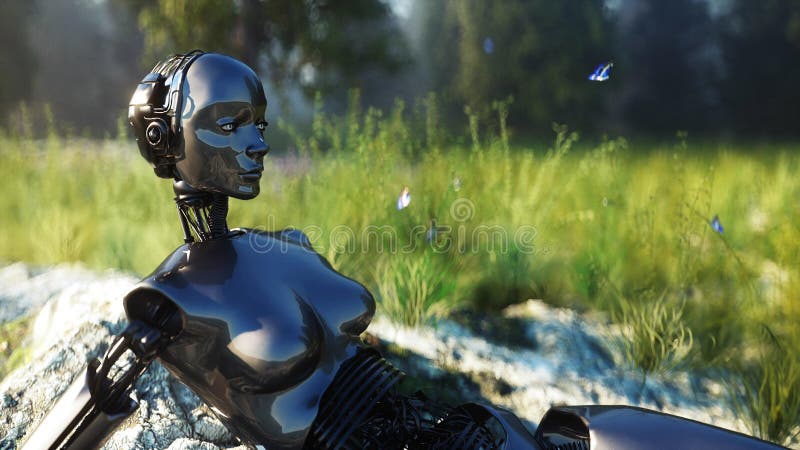 Female futuristic robot idle in forest. Concept of future. 3d rendering. royalty free illustration