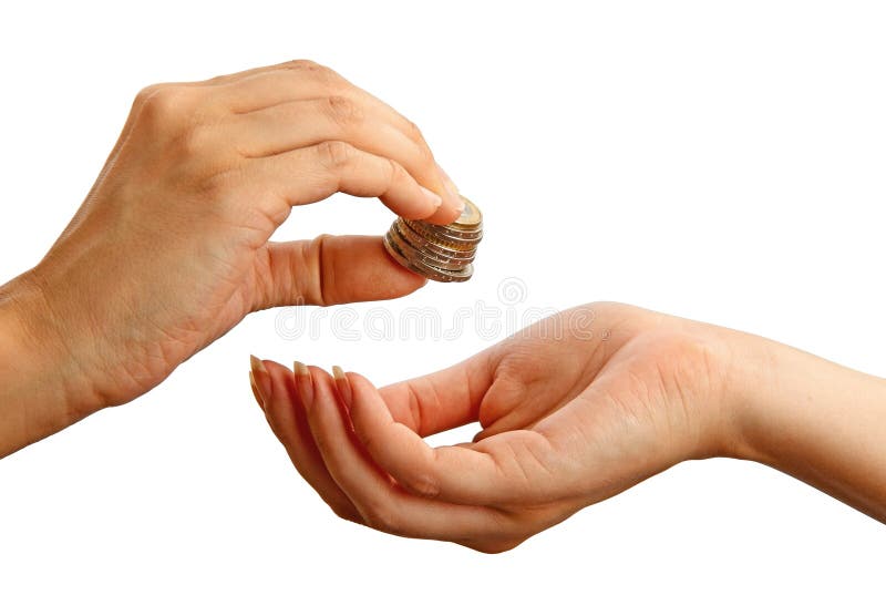 Female giving stack of coins to another person, isolated on the white background