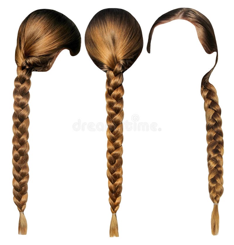 Female hair with a plait isolated set. Head with hair from different sides.