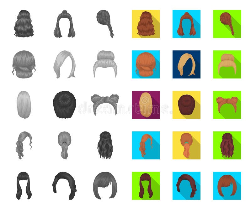 Female hairstyle mono,flat icons in set collection for design. Stylish haircut vector symbol stock web illustration. stock illustration Female hairstyle mono,flat icons in set collection for design. Stylish haircut vector symbol stock web illustration. stock illustration