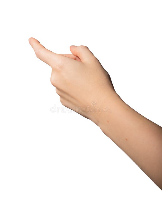Female hand with an extended index finger making a precise pointing or selecting gesture. Natural stock images
