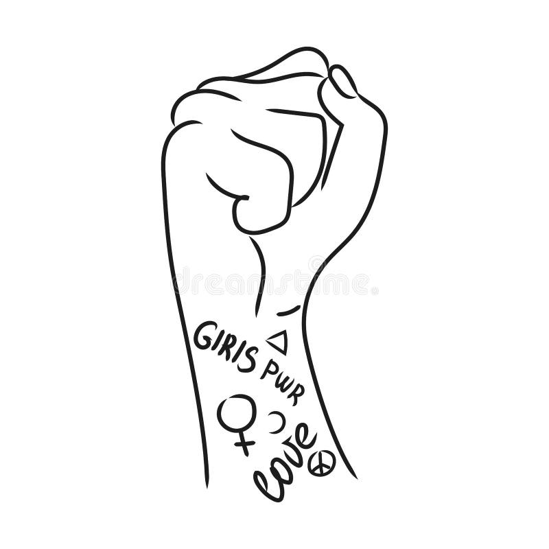 Female Hand with Fist Raised Up Vector Outline Illustration Isolated on ...