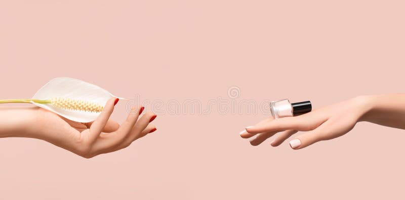 Female hand with glitter red nail design. Female hand hold white flower. Female hand hold pink nail polish bottle