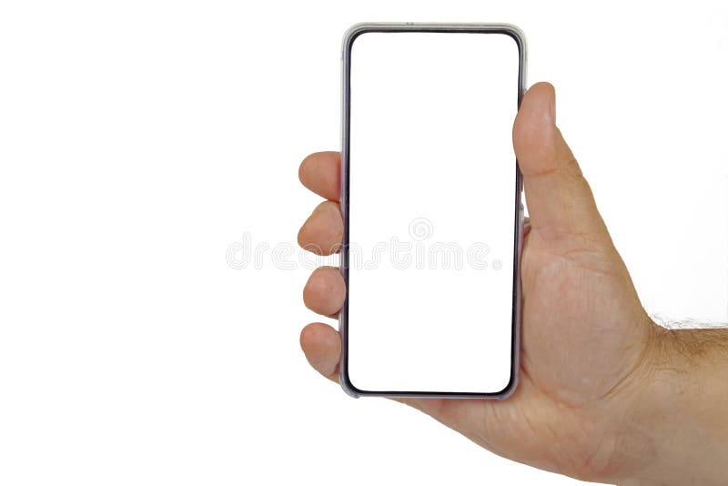 Female hand holding black cellphone with white screen at isolated background