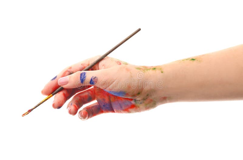 Painted female hand with brush on white background stock photo