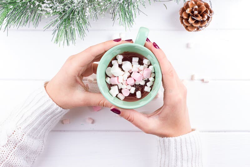 Female hand holding cup of hot cocoa or chocolate with marshmallow