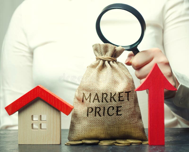 A female hand is holding a magnifying glass over a money bag with the word Market price, up arrow and a house. The concept of stock images A female hand is holding a magnifying glass over a money bag with the word Market price, up arrow and a house. The concept of stock images
