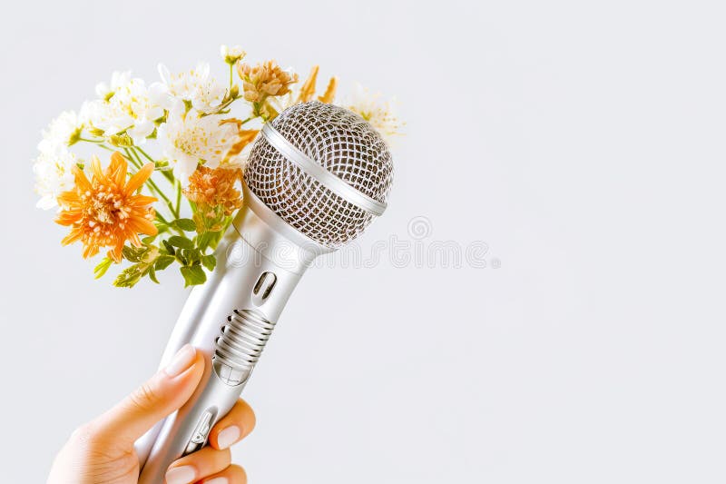 female hand holding microphone flowers light background copy space music composition female hand holding 283990354