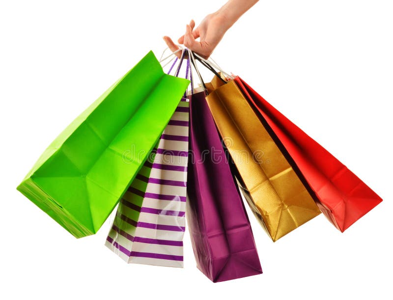 Female Hand Holding Paper Shopping Bags Isolated On White Stock Image ...