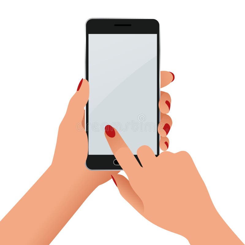 Female hand holding a phone with blank screen. Flat Isolated illustration on white background