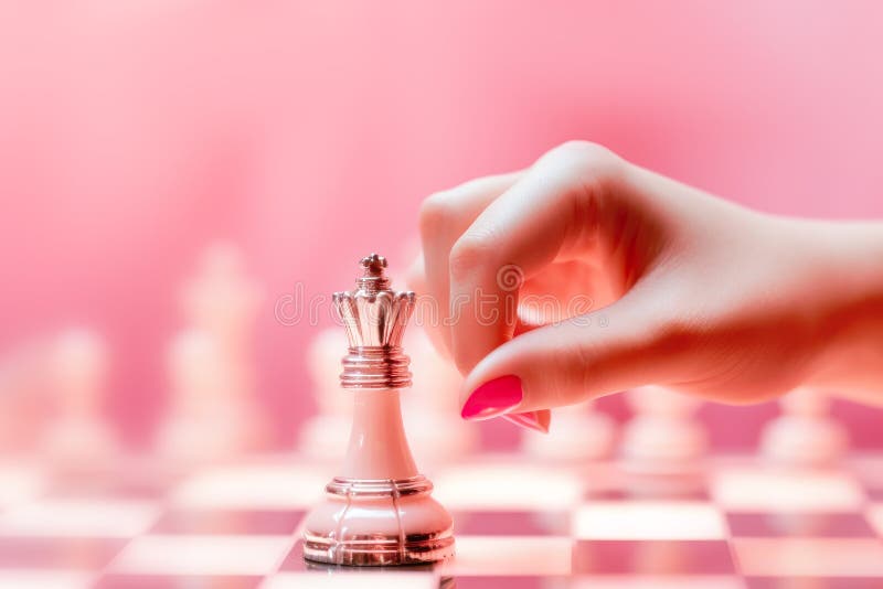 Elegant female hand holds queen chess figure under chess board on tender pink background. Competition in business. Barbie core trend. Generative ai AI generated