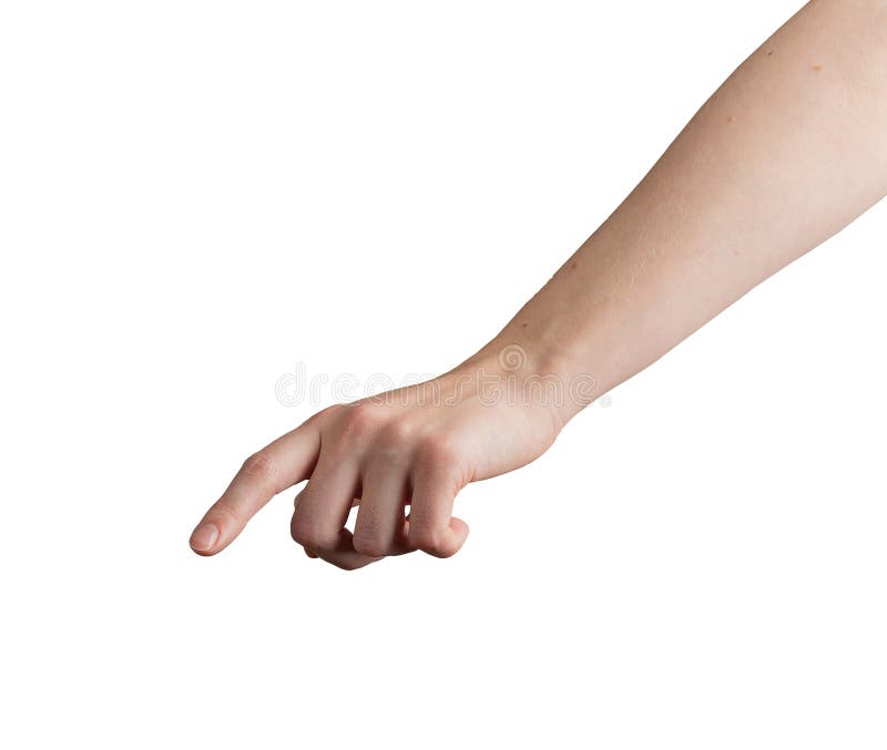 Female hand with index finger outstretched, pointing downward as if pressing or selecting an stock image
