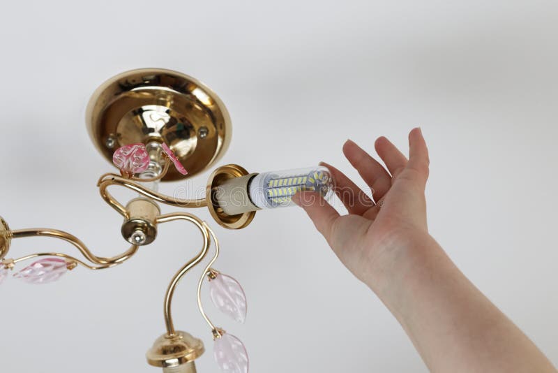 Female hand inserts a light bulb into the threaded socket. Installation of household LED lamps of corn type, in the lamp holder stock image