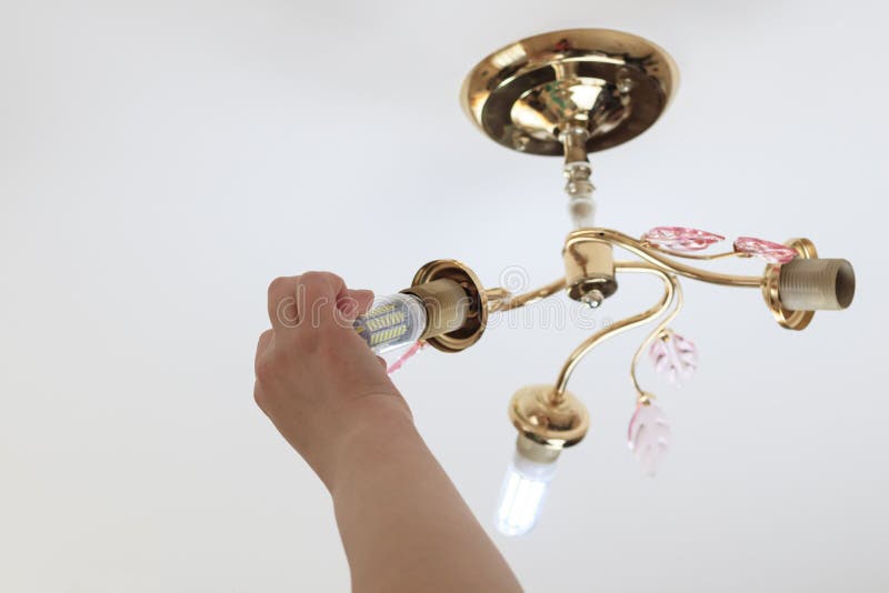 Female hand inserts a light bulb into the threaded socket. she is shining. Installation of household LED lamps of corn type, in royalty free stock image