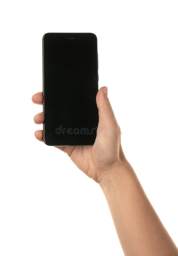 Female hand with mobile phone on white background royalty free stock photos