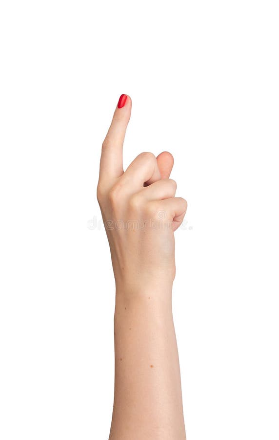 Female hand pointing, index finger extended and varnished in red, signaling direction. Right hand royalty free stock photos