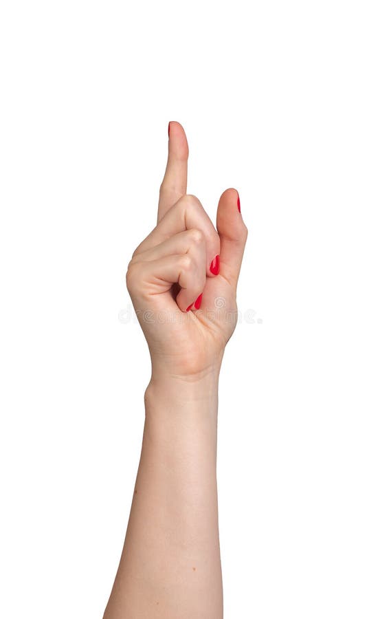 Female hand pointing, index finger extended and varnished in red, signaling direction. Right hand royalty free stock images
