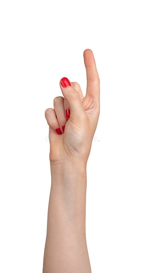 Female hand pointing, index finger extended and varnished in red, signaling direction. Right hand stock images