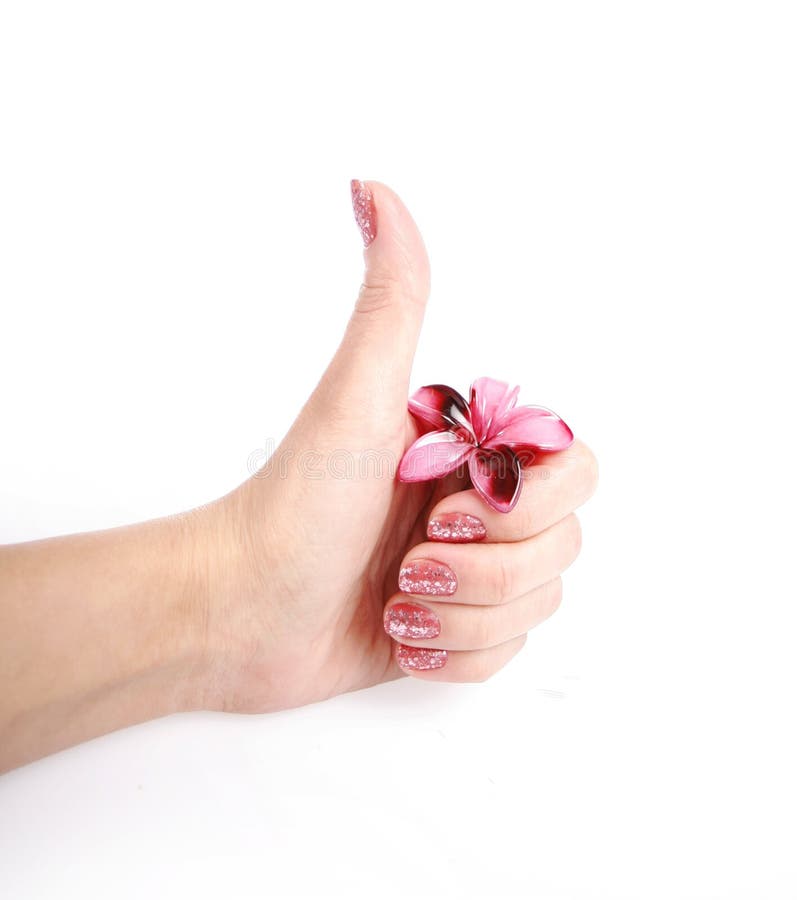 Female Hand Shows Gesture Ok With A Pink Flower Stock Photo Image of